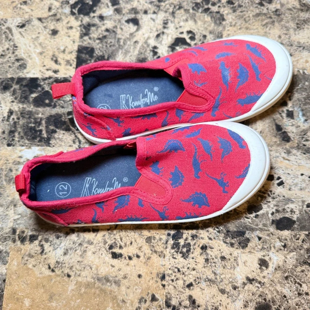 KomforMe Kids Red Blue Dinosaur Canvas Slip On Sneakers Size 12